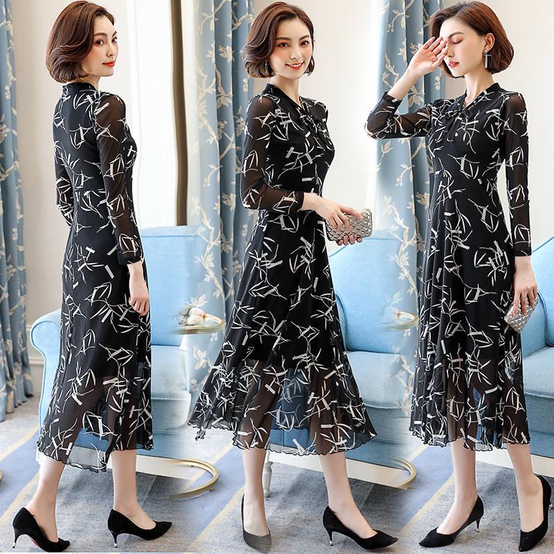 Fashion mesh yarn floral skirt spring and autumn woman long dress long sleeve dress women