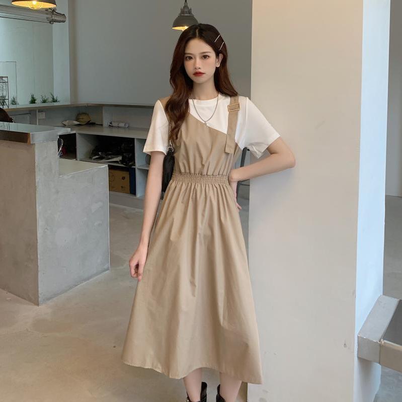 Women Summer Long Dress Vintage High Waist Splicing Casual Dress Elegant Slim Round Neck Short Sleeve Pleated Dress