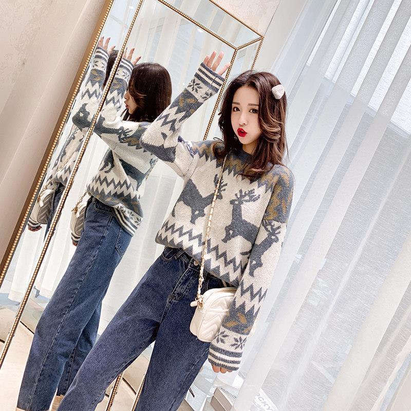 Large size Christmas clothing Sweater Woman Loose Long sleeve sweater Winter Round neck sweater