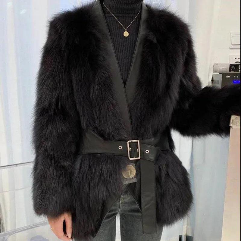 Fur Coat Winter Ladies Retro Fashion V-neck Waist Thickened Warm Mid-length Fur All-in-one Plush Jacket