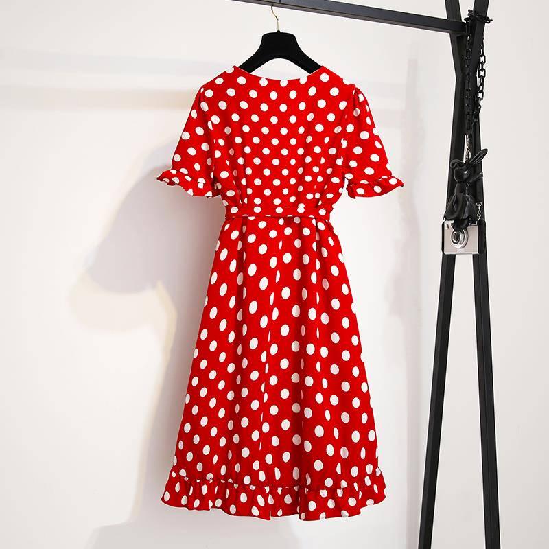 Summer Dress Plus Size Female Chiffon Dress V-neck Red Polka Dot Dress Pleated Ruffle Dress