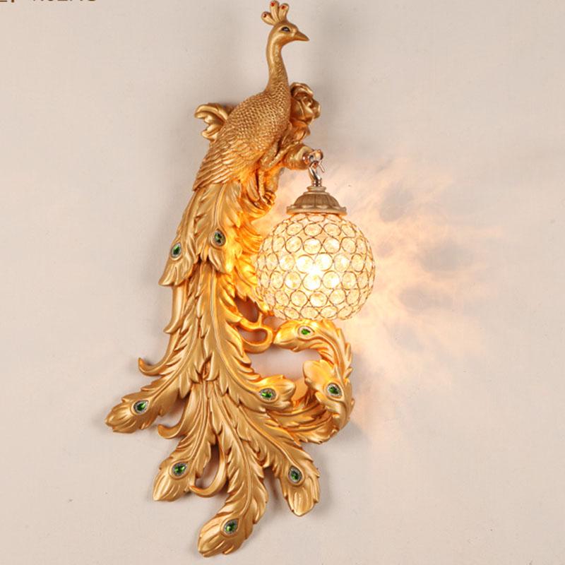 Retro peacock crystal LED wall lamp living room background bedroom bedside peacock phoenix wall lamp