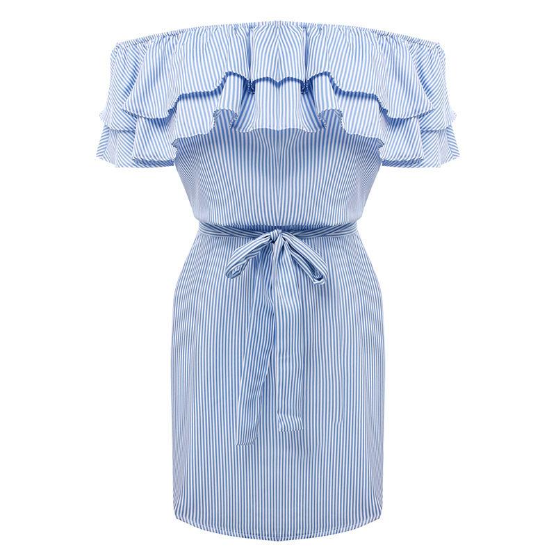 Large Size Women's Summer Dress One-shoulder Fashion Ruffled Striped Loose Waist Dress Casual Strapless