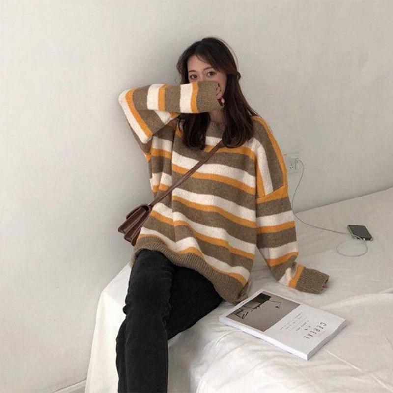 Pofulove Women's Sweatshirt Wild Bottoming Sweater Winter New Loose Contrast Striped Sweater
