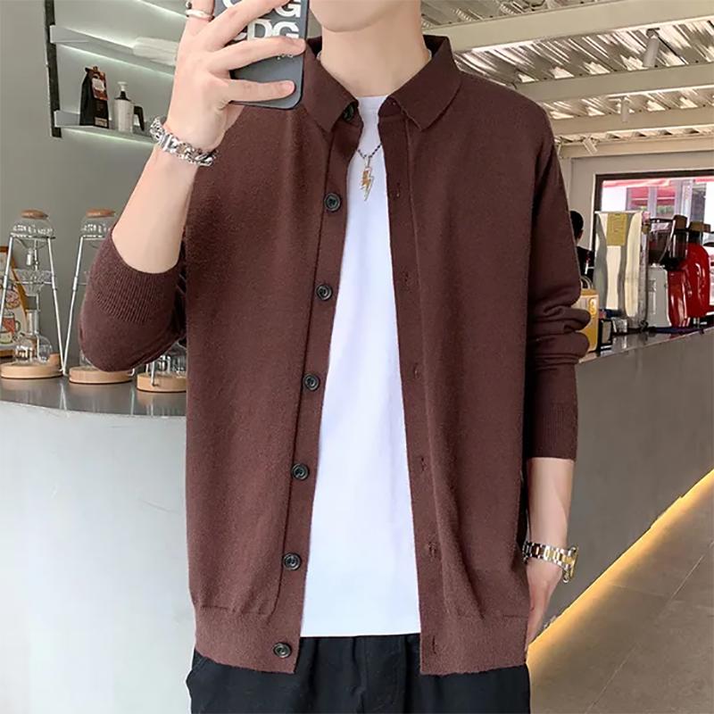 Fall Single-breasted Solid Color Lapel Sweater Cardigan Men's Retro Casual Slim Knit Cardigan