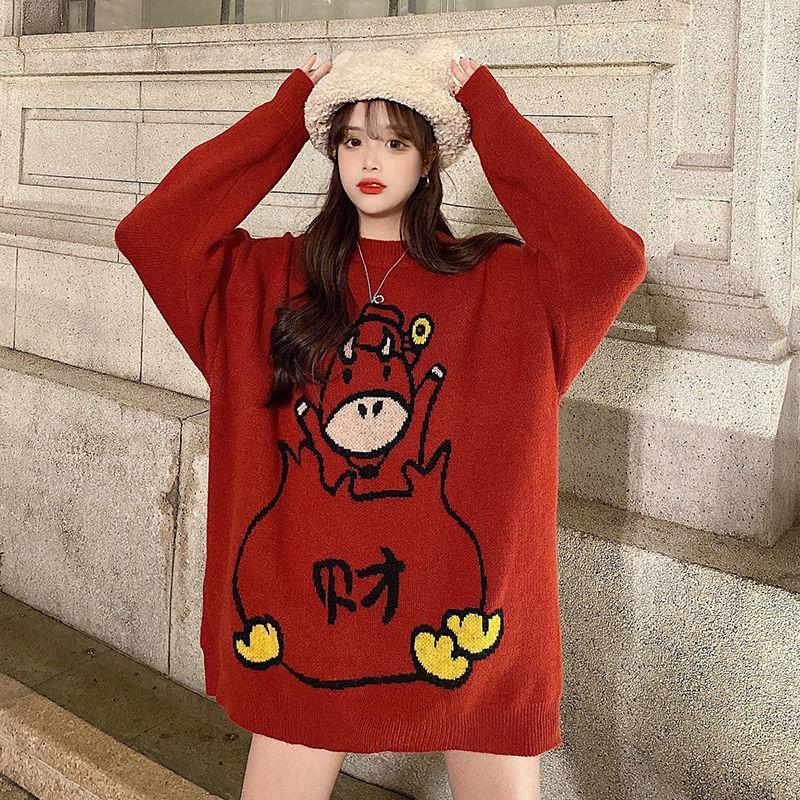 Outer Wear Printed Sweater Loose Casual Fashion Round Neck Long Sleeve Women All-match Red Knit Sweater Sweater Women Autumn Winter