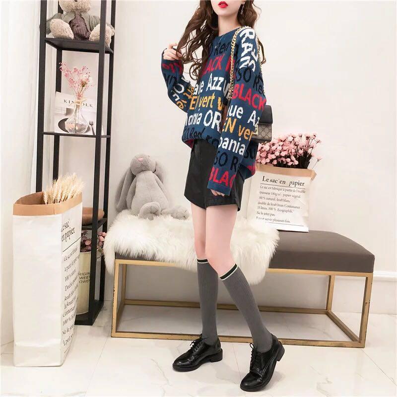 Chic Women Letter Knitwear Crew Neck Loose Knitting Pullover Hit Color Jumper Sweater Top