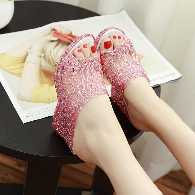 Summer Ladies Crystal Thick Bottom Wedges Plastic Sandals Jelly High-heeled Crystal Fashion Mother Non-slip Sandals One Size Smaller