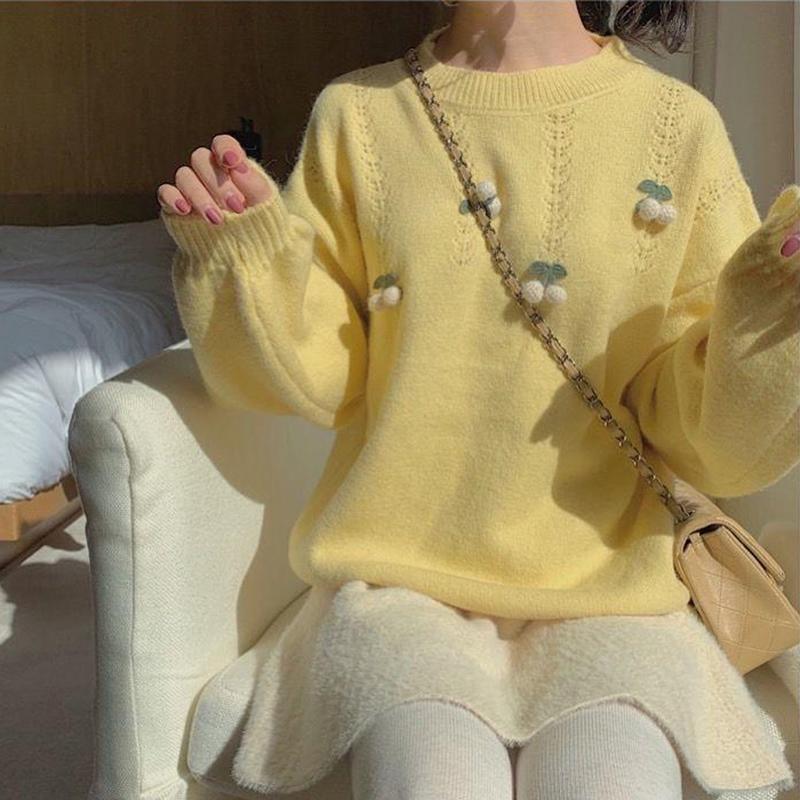 Autumn  Winter Korean Version Sweet Three-dimensional Cherry Pullover Long-sleeved Sweater Sweater Women Loose Outer Wear