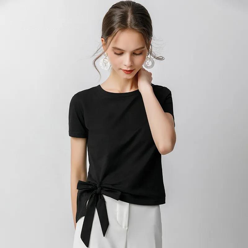 Summer Women's Fashion Irregular Bow Tops Short Sleeve Solid Color Casual Loose T-shirt