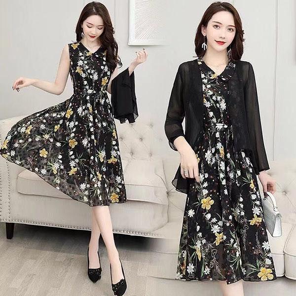 Chiffon Dress Tulle Cardigan Two-piece Set Women's Summer Sleeveless Floral Priting Dress+ Sunscreen Shawl Thin Coat Elegant Anti-UV Sun Dress Suit