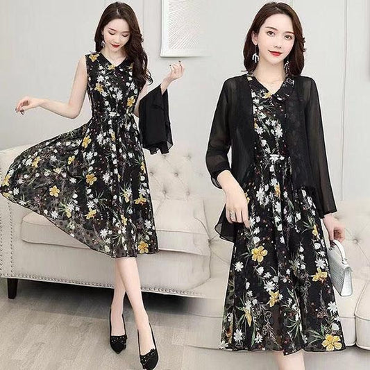 Chiffon Dress Tulle Cardigan Two-piece Set Women's Summer Sleeveless Floral Priting Dress+ Sunscreen Shawl Thin Coat Elegant Anti-UV Sun Dress Suit