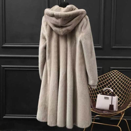 Faux Mink Fur Coat Women's Mid-length Fur Coat with Hood