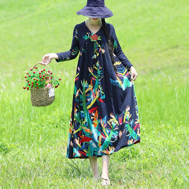 Ethnic Style V-neck Embroidery Long-sleeved Dress Bohemian Style Spring and Autumn Large Size Loose Middle Calf Length