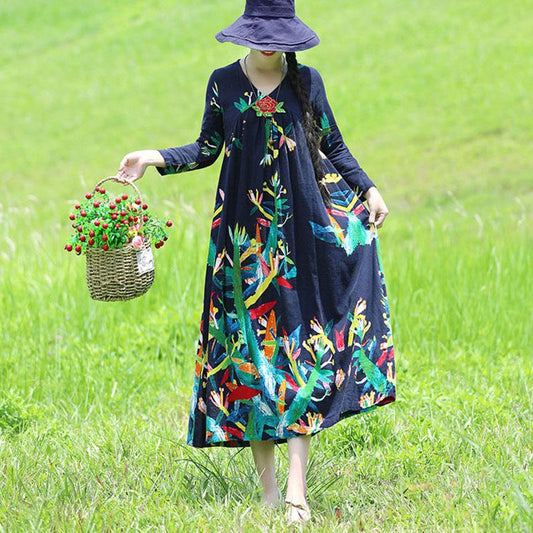 Ethnic Style V-neck Embroidery Long-sleeved Dress Bohemian Style Spring and Autumn Large Size Loose Middle Calf Length