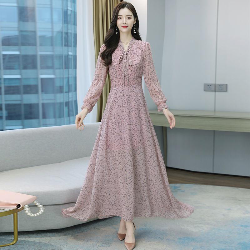 Chiffon Bowknot Dress Printed Base Dress Long Sleeve Floral Big Swing Long Skirt Large Size Women's Clothing Waist Waist Thin Thin Fabric