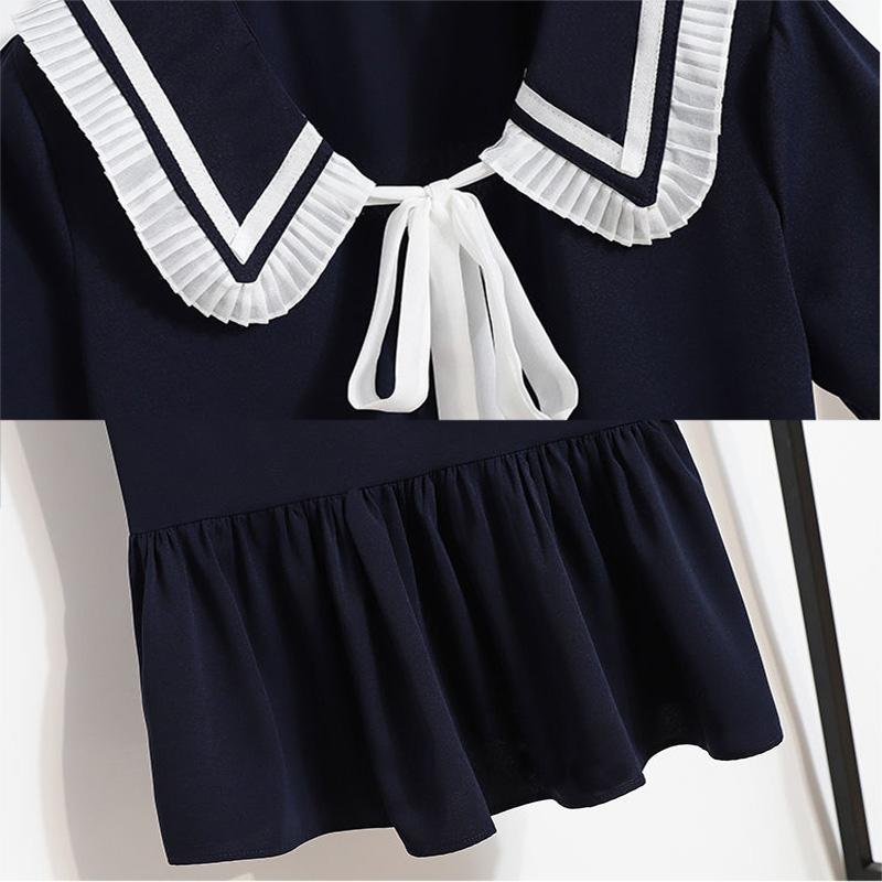 Sailor Collar Navy Dress Sweet Bow-knot Girl Retro Style Student Girls Knee-length Solid Color Dress