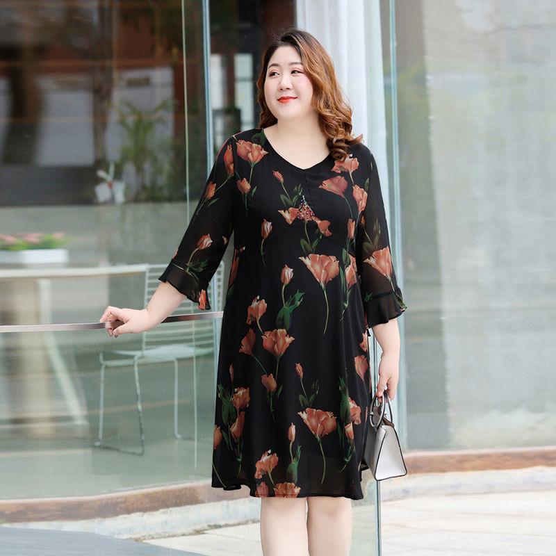 Women's Summer Dress  Chiffon Veil V-Round Neck Printing Large Size Over The Knee