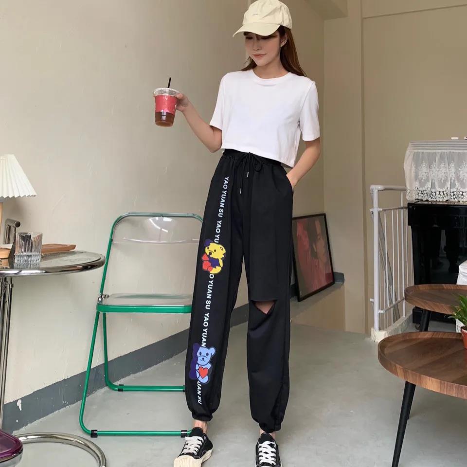 Girls Pants Summer High Waist Slimming Sports Running Students Beggars with Holes In Nine-point Guard Pants