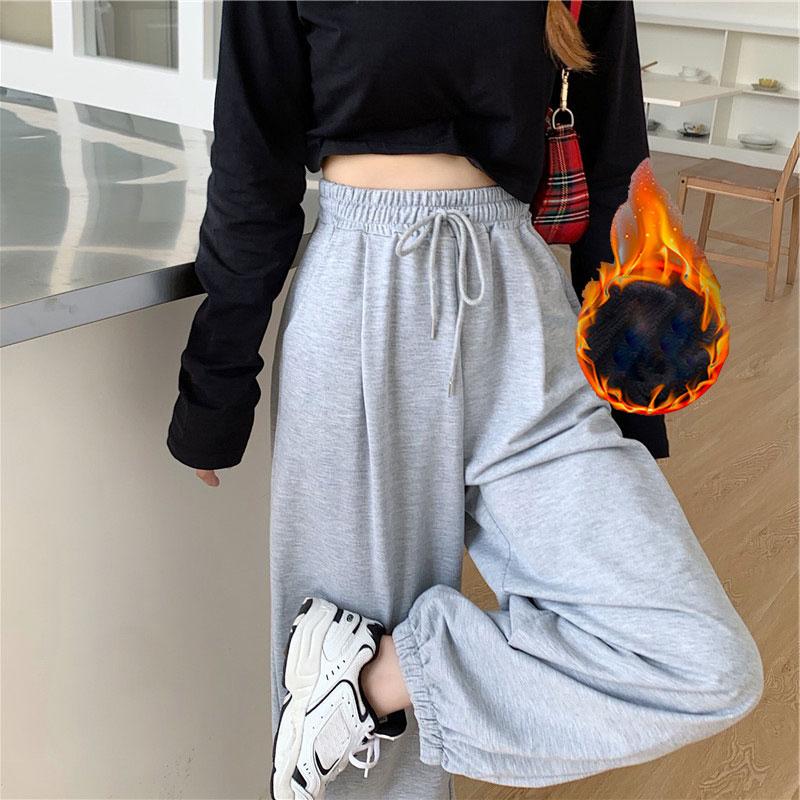 Gray Sports Sweatpants Women Autumn and Winter Wear High Waist Loose Wide-leg Pants Plush Casual Drape Black Trousers Track Pants Jogging Streetwear