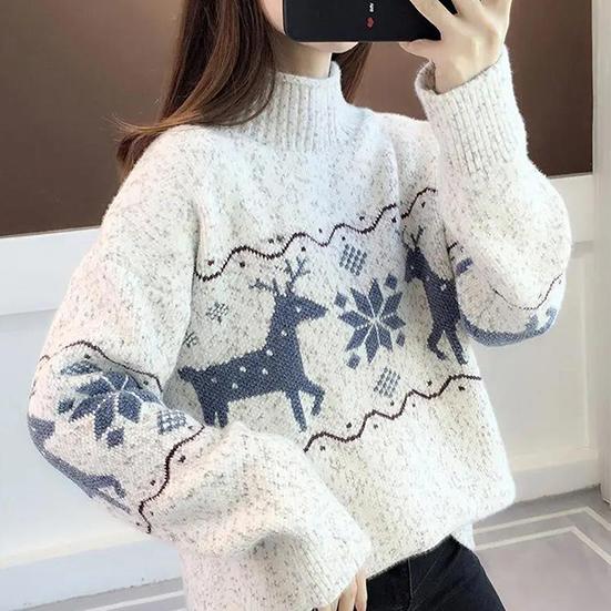 Women's Winter High Collar Elk Christmas Sweater Female Autumn Large Size Outdoor Loose Waterproof Knitted Pullover