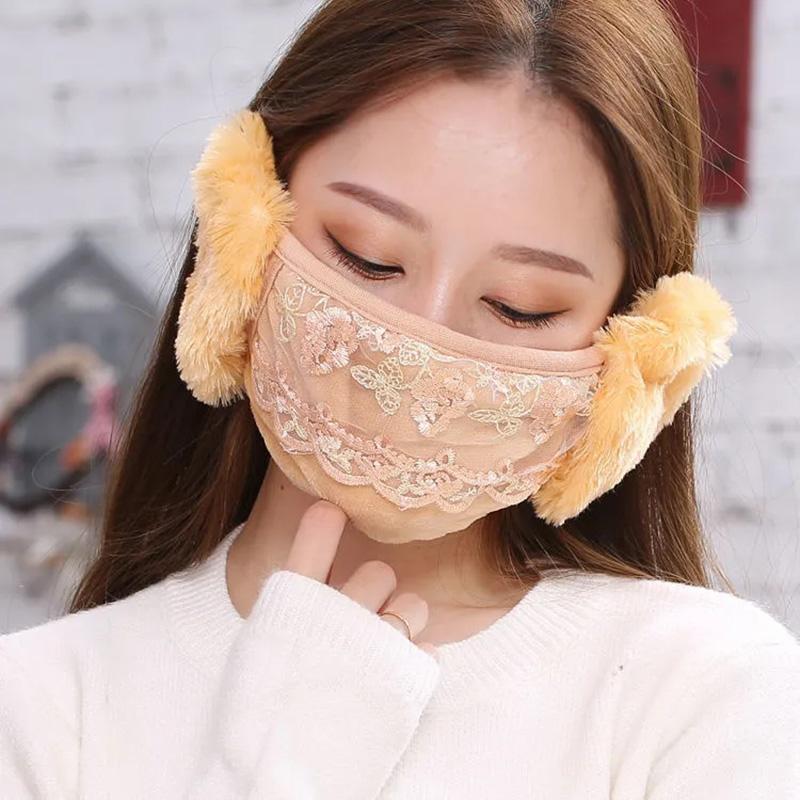 Women's Two-in-one Ear Protection Warm Lace Mask Autumn Winter Thickening Dust-proof Anti-fog Cold-proof Breathable Mask Face Mouth Mask