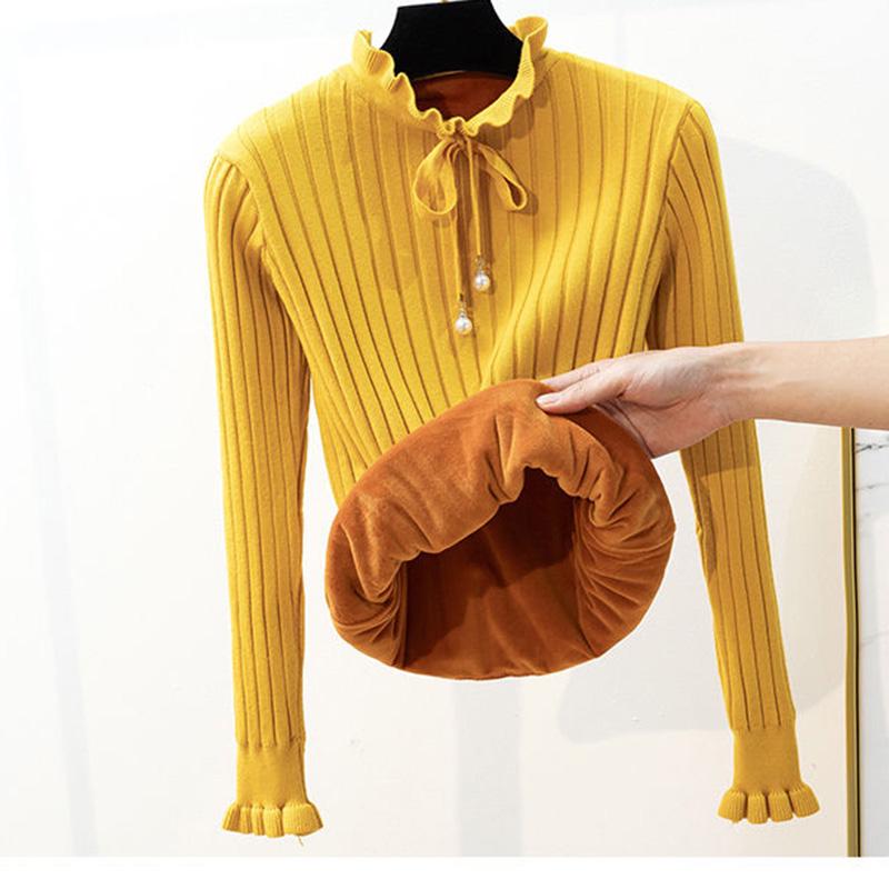 Bowknot Plus Cashmere Korean Knit Sweater Autumn and Winter Long-sleeved Slim Pullover Sweater Wood Ear Bottoming Shirt