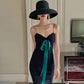 Female High Cotton Dark Green Suspender Party Dress Slim Black Vintage Elegant Holiday Dress