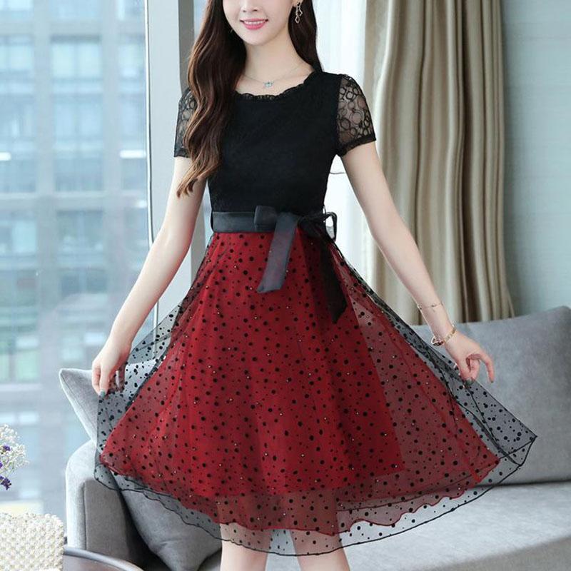 Summer Black Red White Lace Sexy Evening Sun Dress Hollow Out O-neck Ladies Party Club Dress