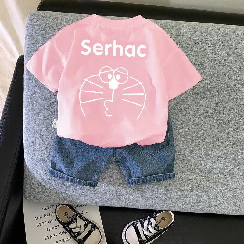 Baby Boy Clothing Set Kids Cute Summer Suit T-Shirt Denim Shorts Cartoon Children Outwear Cotton Outfits Khaki Red