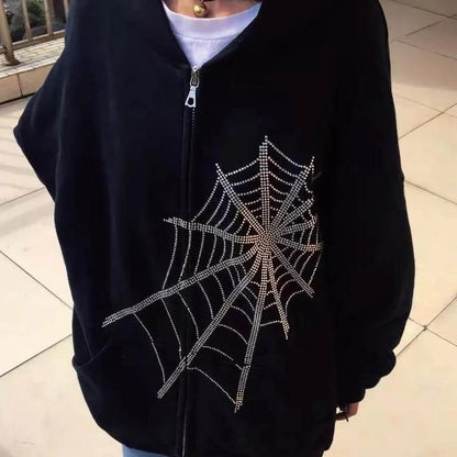 Spring and Autumn Rhinestone Spider Web Rhinestone Zipper Sweater Loose Couple Cardigan Jacket