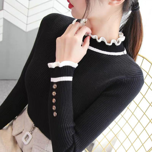 Pofulove early spring new sweater sweater women sweet temperament ruffled flared sleeve cardigan