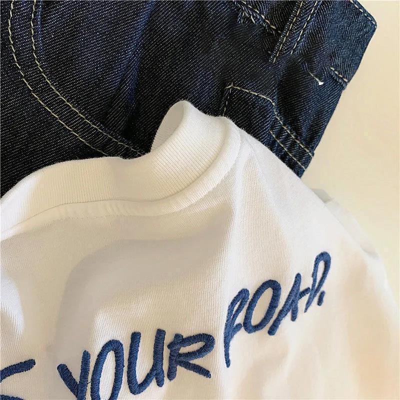 Cotton Simple Breathable Tee Female Letter Pattern Embroidery T-Shirt Solid  Casual Short Sleeves Hipster  Summer Tops