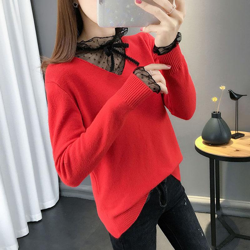 Autumn and Winter Lace Sexy Bottoming Shirt Knitted Solid Color Top Fashion Casual Women Sweater