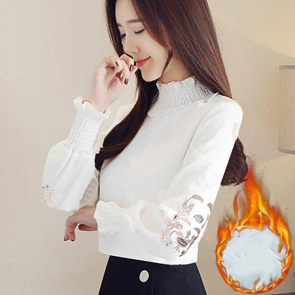 Pofulove Wild High Collar Long Sleeve Shirt Women Plus Velvet Embroidered Shirt Women Loose