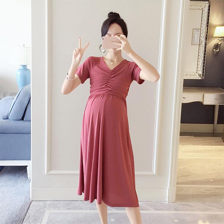 Maternity Clothes Short Sleeve Dress Mid-length Loose Plus Size V-Neck High Waist Over The Knee Skirt