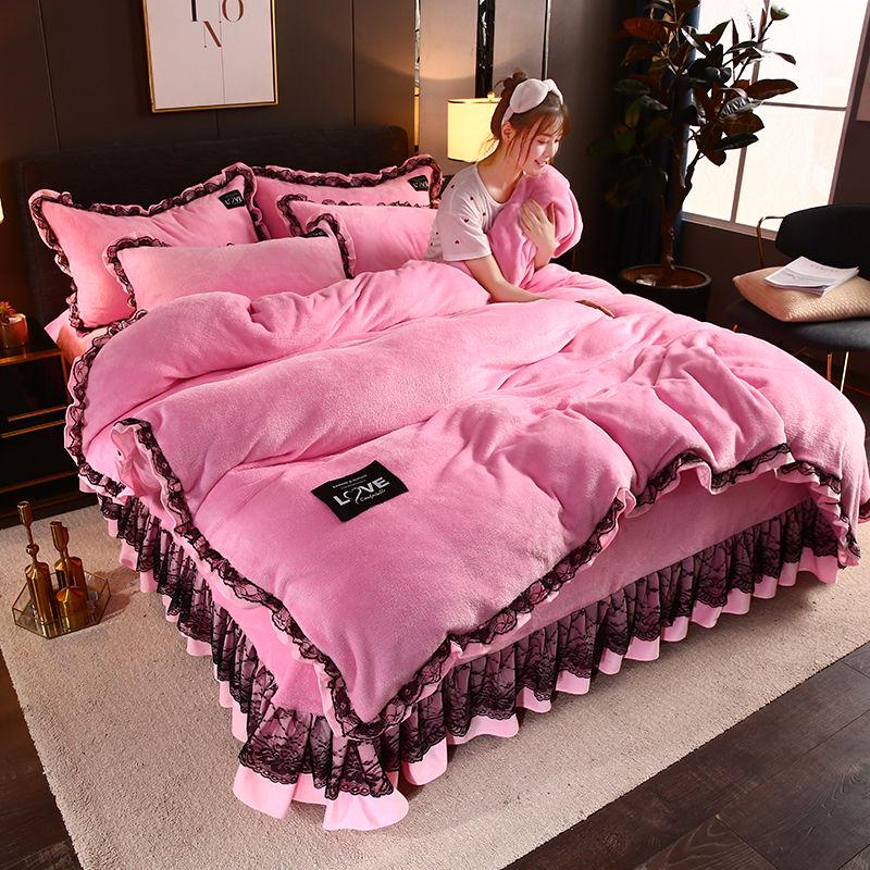 4pcs Flannel Velvet Bedding Set Winter Warm Fleece Lace Duvet Cover Set Bed Sheet Queen King
