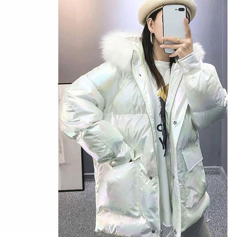Women's Bright Face Hooded Down Jacket Mid-length Korean Loose Thick Coat Warm Cotton Coat Large Wool Collar Winter Quilted Coat
