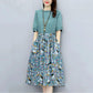 Cotton and Linen Floral Stitching Dress Women's Waist Slimming Temperament Age-reducing Large Size Mid-length A-line Skirt