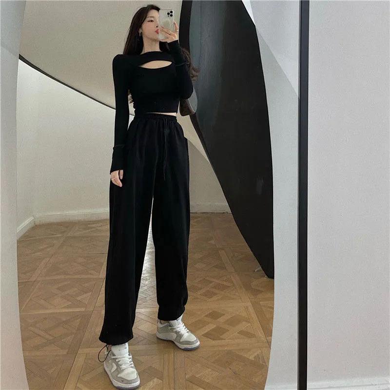 2PCS Ladies Pure Desire Suit Loose High Street Leisure Sports Two-piece Spring and Autumn Long Sleeve Sexy Loose Pants Suit
