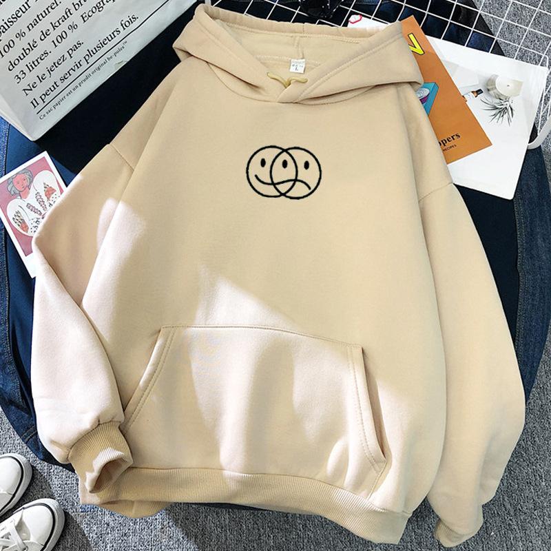Smile Face and Sad Face Hoodie Aesthetic Sweatshirt Pullover Korean Style Streetwear Sweatshirt Long Sleeve Smile Sad Face Line Print Hood