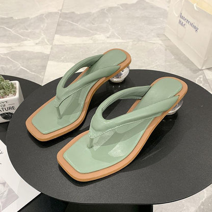 Square-toed Sandals and Slippers Women's Summer Outer Wear Transparent Crystal Medium Thick-heeled Flip-flops Ladies Temperament Sandals and Slippers