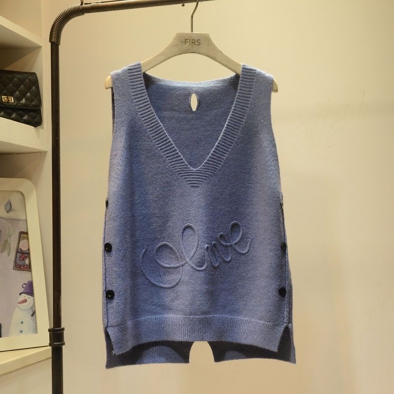 Women Knitted Vests Autumn New Korean Version of Wild V-neck Sweater Vest Women Loose Button Sleeveless Sweater Vest