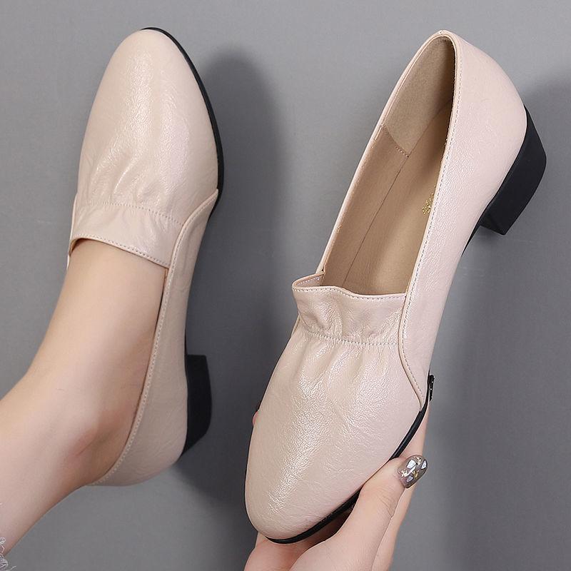 Soft Leather Shoes Women's Low Bottom Thick Heel Round Toe Soft Bottom Middle Heel Work Shoes Women's Leather Shoes