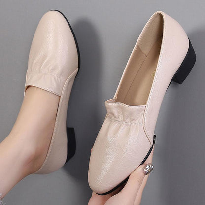 Soft Leather Shoes Women's Low Bottom Thick Heel Round Toe Soft Bottom Middle Heel Work Shoes Women's Leather Shoes