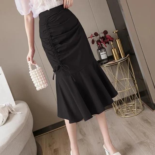 Women's Bow Knot Pleated Fishtail Skirt Irregular Solid Color All Match Professional Office Short Skirt