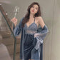 Women's Sexy Gold Velvet Pajamas Set Lace Hollow Sleeveless Suspender Nightgowns Chest Pad Nightdress Winter Sexy Two-piece Set Long Robes