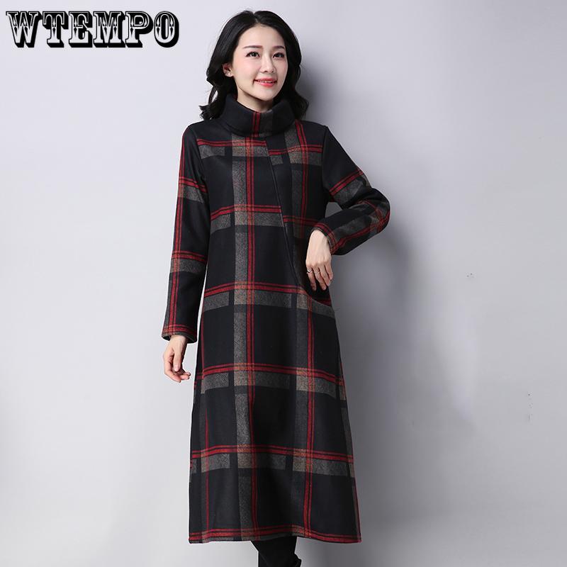 Plaid dress Long Sleeve Cotton Woolen Plus Size Vintage Women Casual Loose Autumn Winter Dress Elegant Clothes