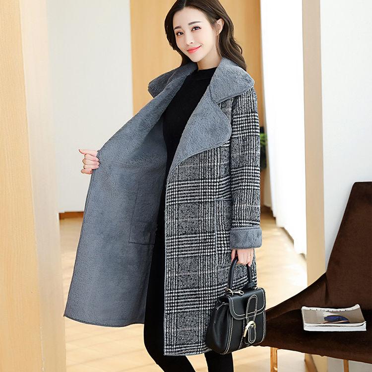 Woolen Coat Women's Mid-length Autumn and Winter Korean Style Plus Velvet Thickened Over The Knee Houndstooth Plaid Coat