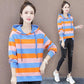Women's Large Size Striped Hoodies Spring and Autumn Cotton Loose Coat Slim Versatile Long Sleeve Tops